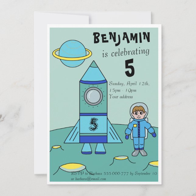 Astronaut on the Moon Kids Birthday Party Invitation (Front)