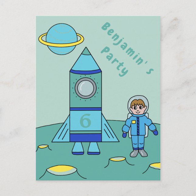 Astronaut on the Moon Space Birthday Party Invite (Front)