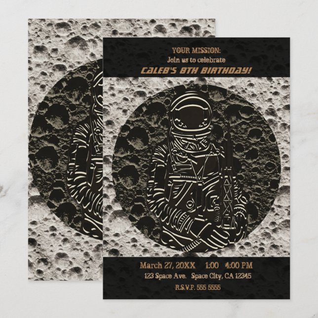 Astronaut on the Moon Space Black & Grey Invitation (Front/Back)