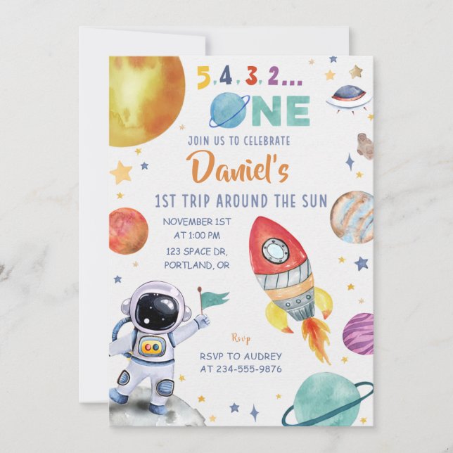 Astronaut Outer Space 1st Trip Around the Sun Invitation (Front)
