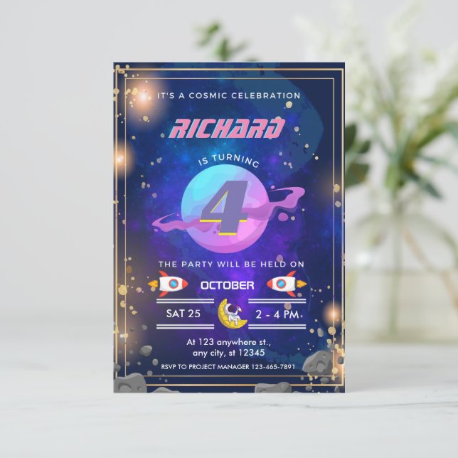 Astronaut outer space birthday invitations  (Standing Front)