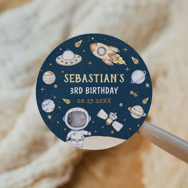 Astronaut Outer Space Birthday Party Classic Round Sticker (Creator Uploaded)