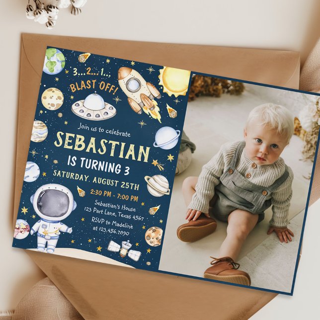 Astronaut Outer Space Birthday Party Photo Invitation (Creator Uploaded)