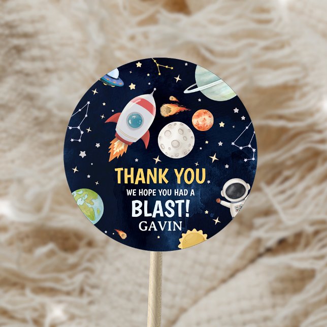 Astronaut Outer Space Blast Off Birthday Party Classic Round Sticker (Astronaut Outer Space Blast Off Birthday Party Sticker)