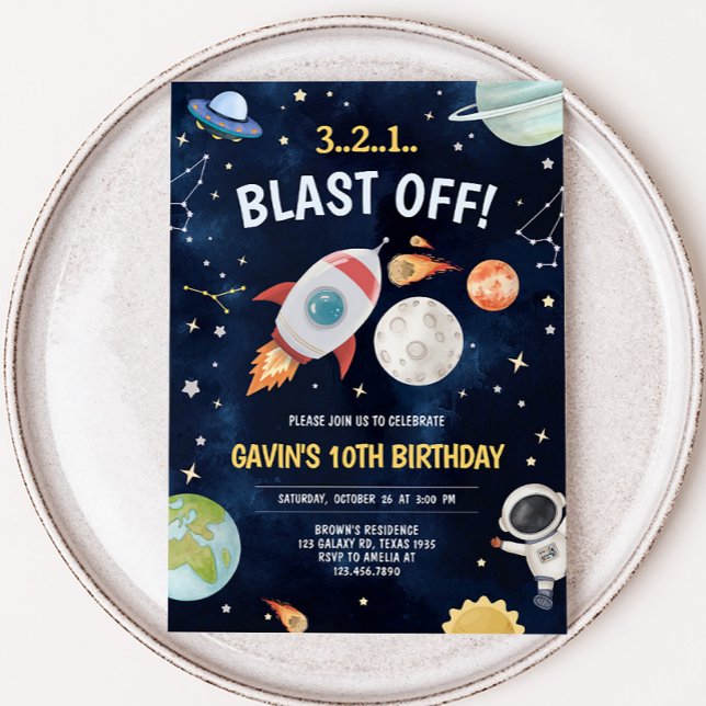 Astronaut Outer Space Blast Off Birthday Party Invitation (Outer Space Astronaut Blast Off Birthday Party Invitation)
