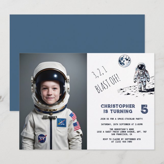 Astronaut Outer Space Blast Off Boy Birthday Photo Invitation (Front/Back)