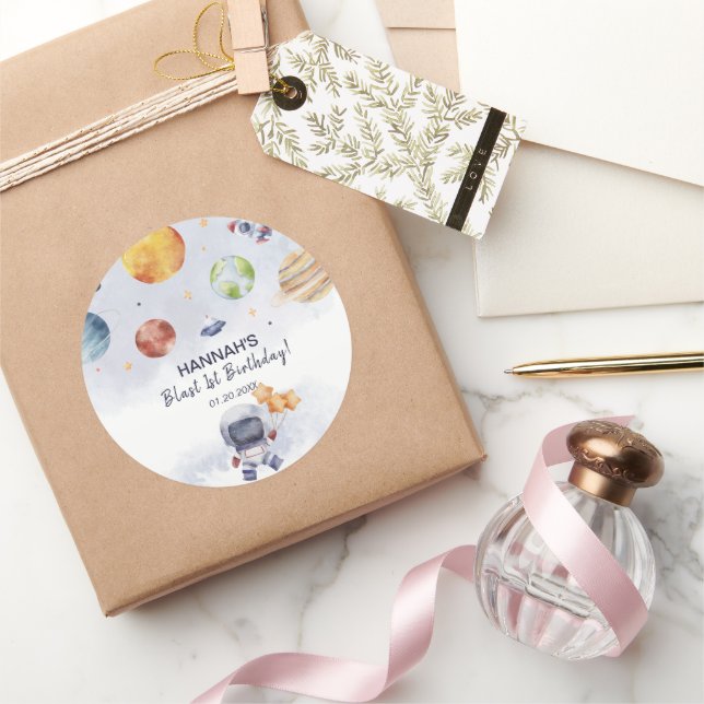 Astronaut Outer Space Boy 1st Birthday Party Classic Round Sticker (Gifting)