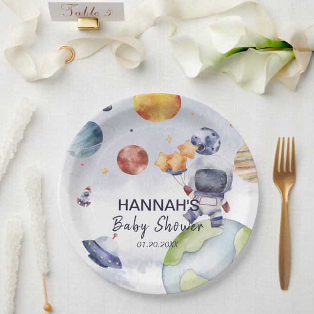 Astronaut Outer Space Boy Baby Shower Party Paper Plate (Wedding)