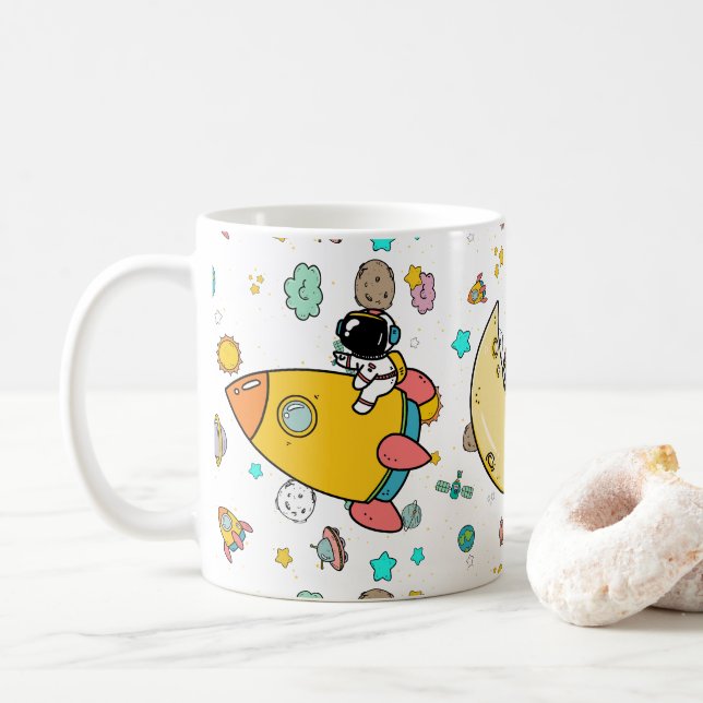 Astronaut Outer Space Cartoon  Coffee Mug (With Donut)