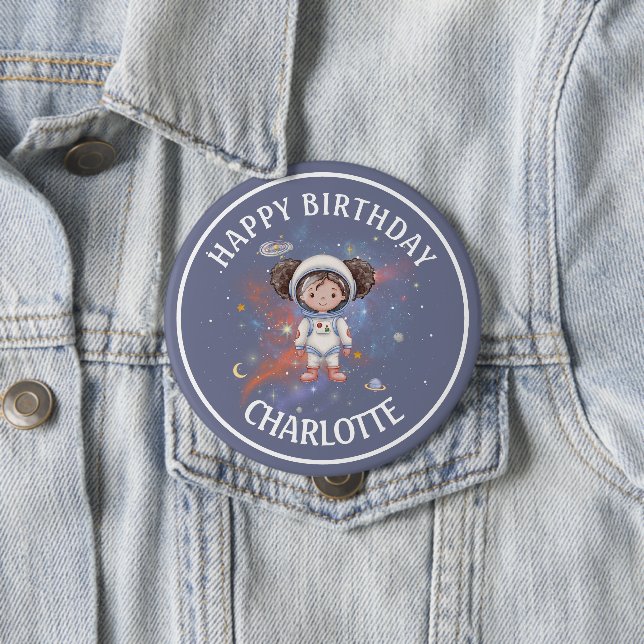 Astronaut Outer Space Girl Birthday 4 Inch Round Button (In Situ)