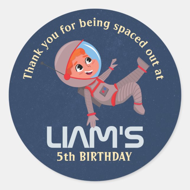 Astronaut Outer Space Kid's Birthday Classic Round Sticker (Front)