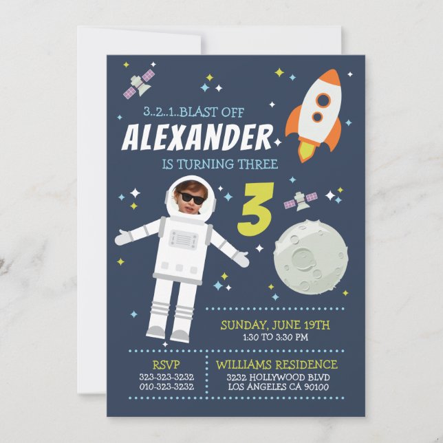 Astronaut Photo Rocket Outer Space Kids Birthday Invitation (Front)