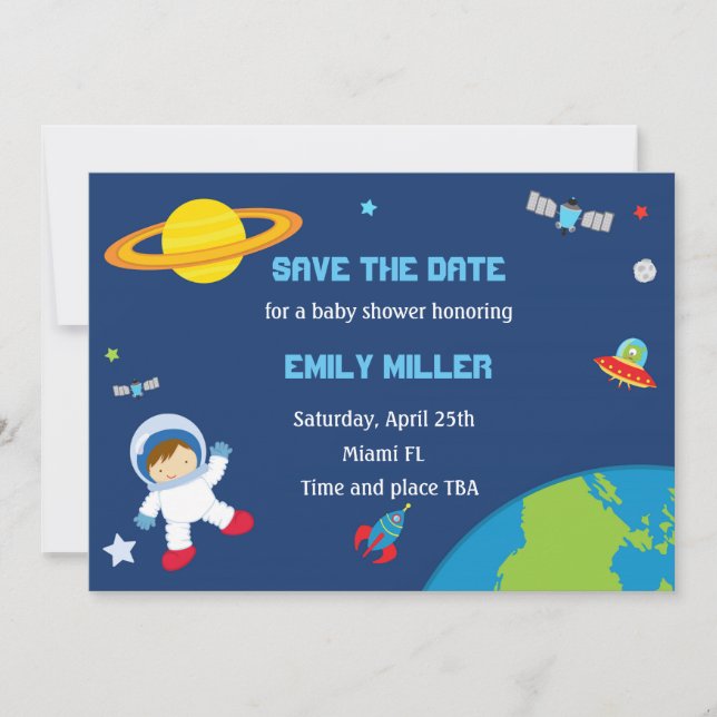 Astronaut Planets Baby Shower Save the Date (Front)