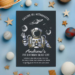 Astronaut & Planets Boy's Birthday Party Invitation<br><div class="desc">Celebrate your son's special day with these space-themed birthday party invitations! This design features a waving astronaut surrounded by stars and planets against a dark night sky. Personalize with your details in modern script typography. These cards reverse to a green colour. Edit the text in the template boxes and choose...</div>