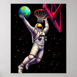 Astronaut Playing Basketball Planets Outer Space Poster
