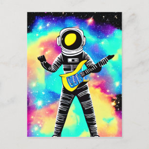 Astronaut playing electric guitar in space  postcard