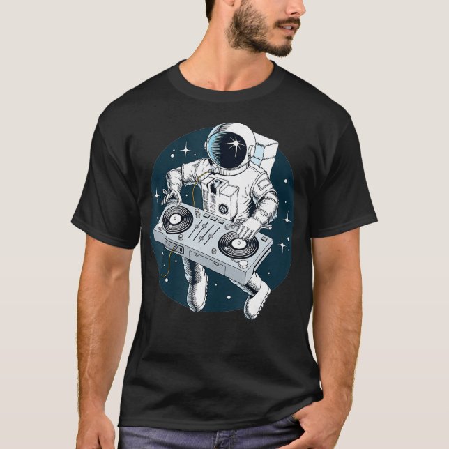 Astronaut Playing Turntables DJ in Space Stars T-Shirt (Front)