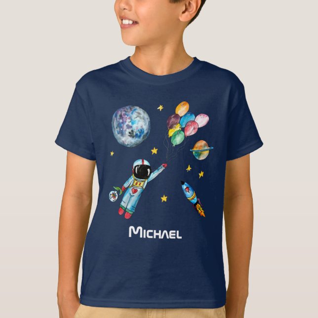 Astronaut Rainbow Balloons Rocket Space Name T-Shirt (Front)