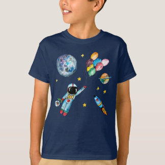 Astronaut Rainbow Balloons Rocket Space Watercolor T-Shirt