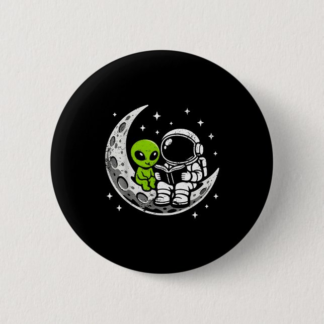 Astronaut reading book alien moon space  2 inch round button (Front)