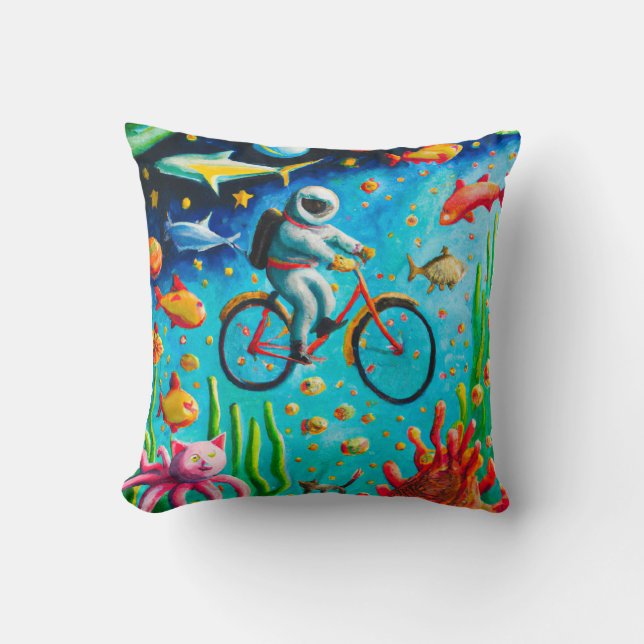 Astronaut riding a bibicle in the sea colourful po throw pillow (Front)