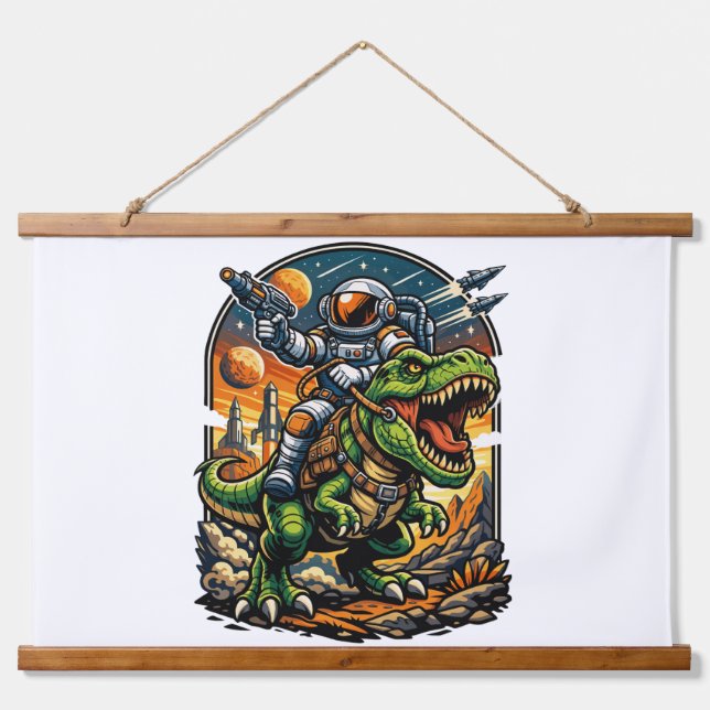 Astronaut Riding a T-Rex – Epic Space Dinosaur Hanging Tapestry (Front)