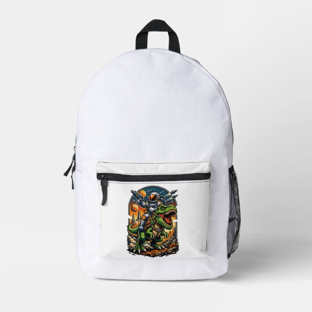 Astronaut Riding a T-Rex – Epic Space Dinosaur Printed Backpack (Front)