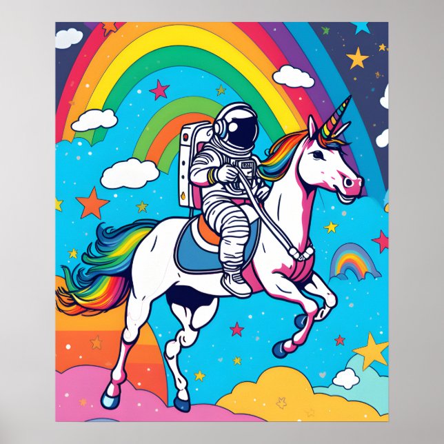 Astronaut Riding a unicorn on the Cloud in Space Poster (Front)