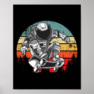 Astronaut Riding Skateboard Retro Vintage Sunset H Poster
