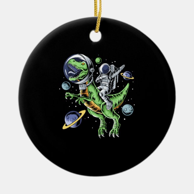 Astronaut Riding T-Rex Dinosaur Astro T-Rex Space Ceramic Ornament (Front)