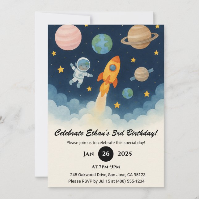 Astronaut & Rocket Adventure in Space Birthday  Invitation (Front)