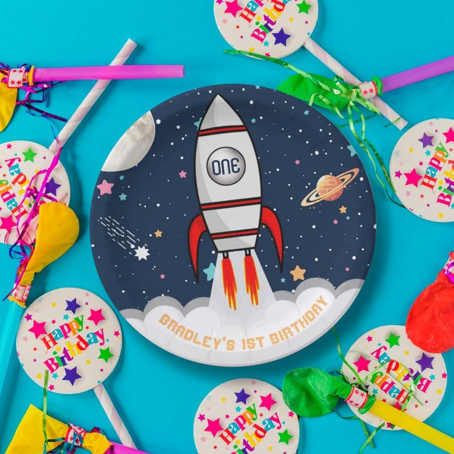 Astronaut Rocket Outer Space 1st Birthday Paper Plate (Creator Uploaded)