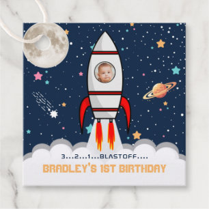 Astronaut Rocket Outer Space 1st Birthday Photo Favour Tags