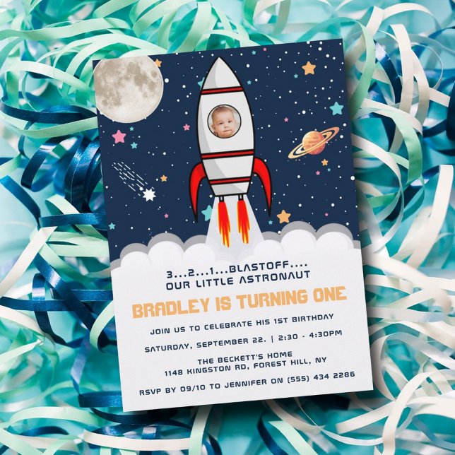 Astronaut Rocket Outer Space 1st Birthday Photo Invitation (Creator Uploaded)