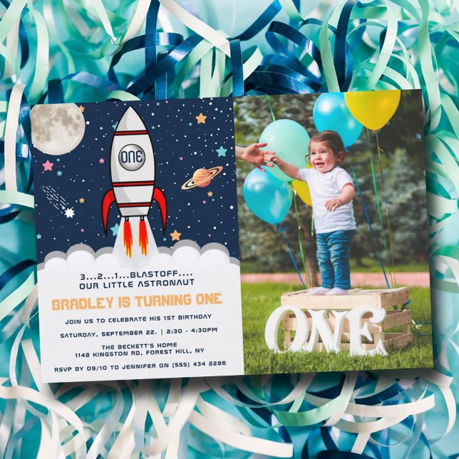 Astronaut Rocket Outer Space 1st Birthday Photo Invitation (Creator Uploaded)