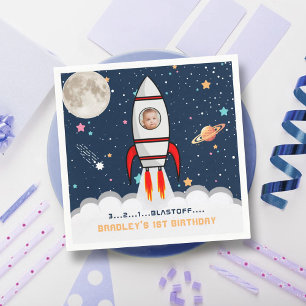 Astronaut Rocket Outer Space 1st Birthday Photo Napkin
