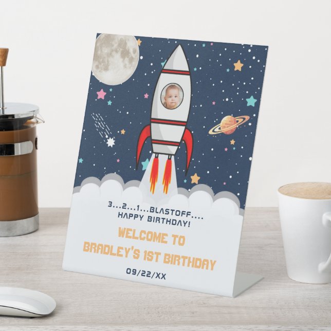 Astronaut Rocket Outer Space 1st Birthday Photo Pedestal Sign (In SItu)