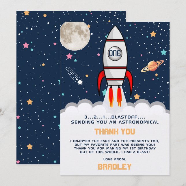 Astronaut Rocket Outer Space 1st Birthday Thank You Card (Front/Back)
