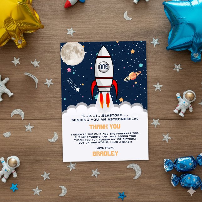 Astronaut Rocket Outer Space 1st Birthday Thank You Card (Creator Uploaded)