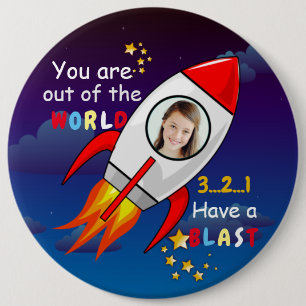 Astronaut rocket outer space personalized photo 6 inch round button