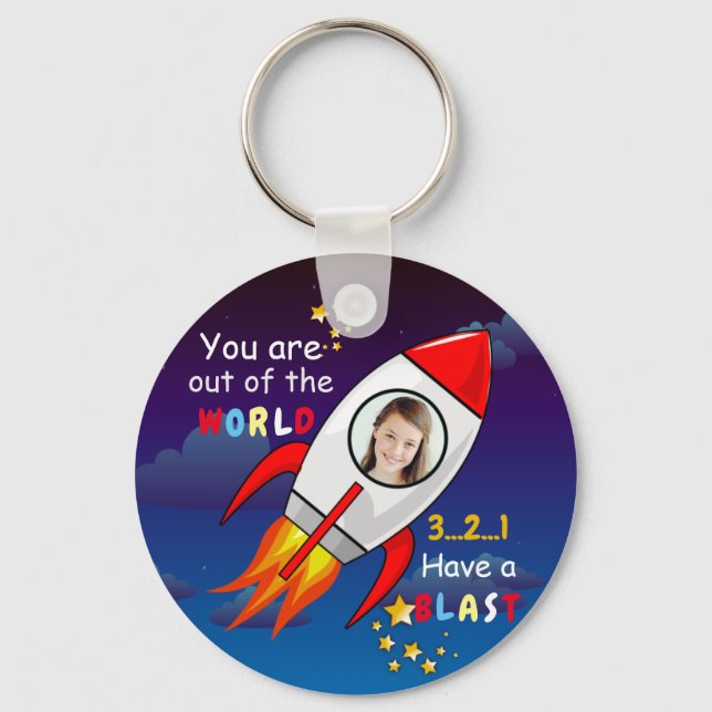 Astronaut rocket outer space personalized photo  keychain (Front)