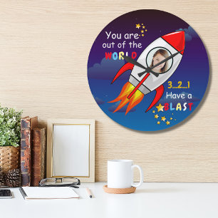 Astronaut rocket outer space personalized photo large clock