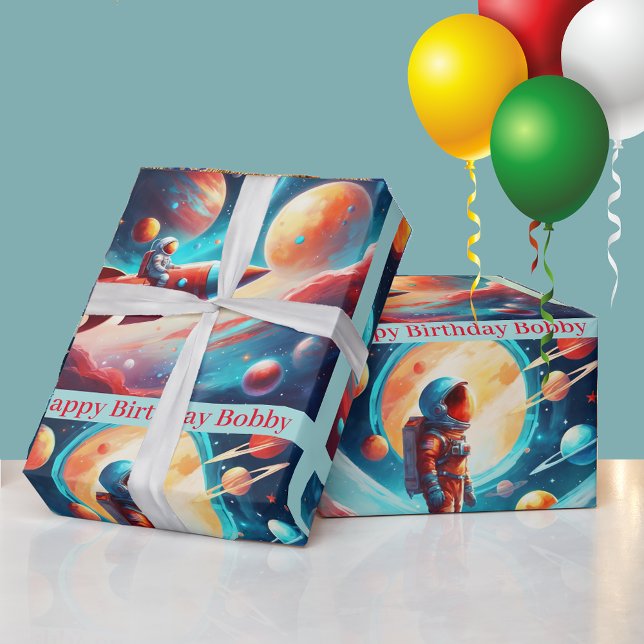 Astronaut Rocket Planets Boys Birthday Colourful Wrapping Paper (Creator Uploaded)