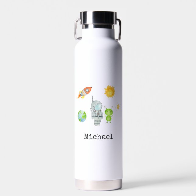 Astronaut Rocket Planets Stars Personalized Name Water Bottle (Front)