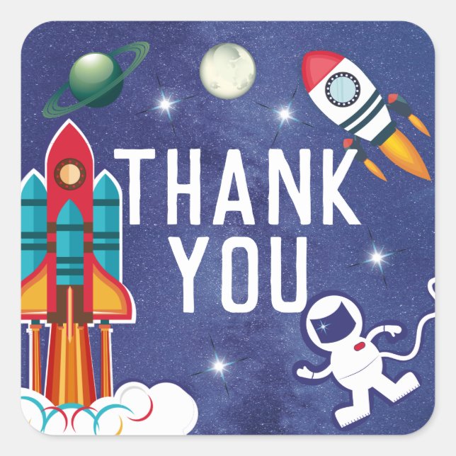 Astronaut Rocket Ship Outer Space Thank You Square Sticker (Front)