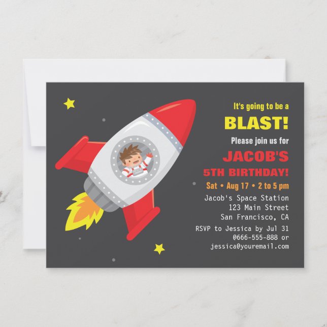 Astronaut Rocket Ship Space Kids Birthday Invites (Front)