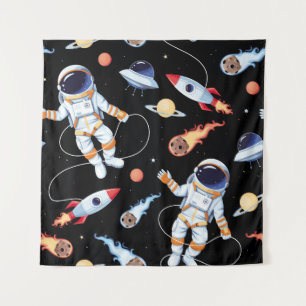 Astronaut Rocket: Vintage Space Seamless Pattern Tapestry
