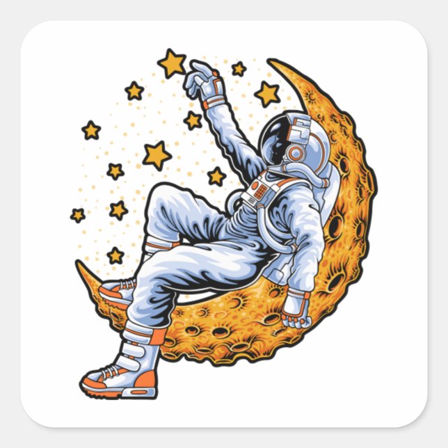 Astronaut sitting on the crescent moon square sticker (Front)