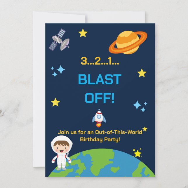 Astronaut Space Birthday Invite | 3 2 1 Blast Off (Front)