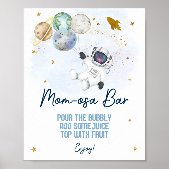 Astronaut Space Blue Gold Baby Shower Mom-osa Bar Poster (Front)
